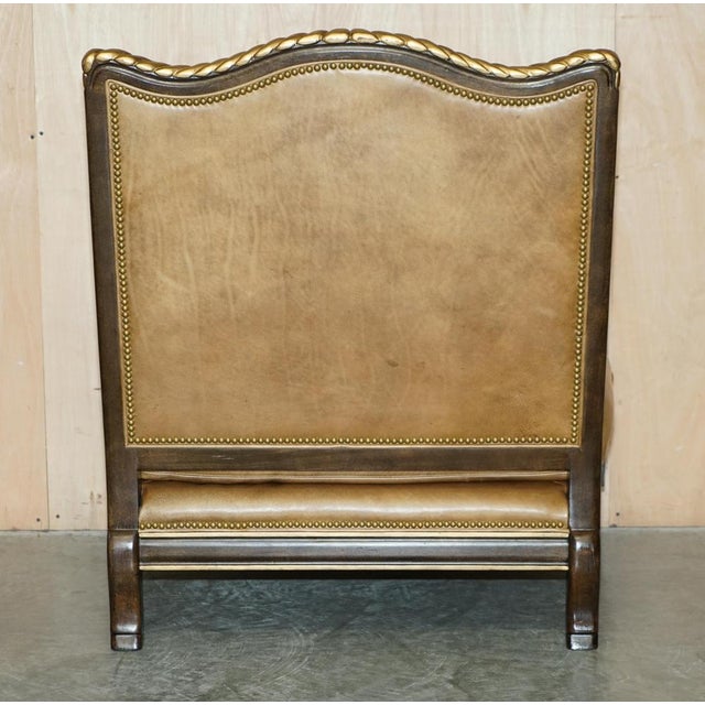 Set of Large Vintage Italian Brown Leather & Giltwood Throne Armchair & Footstool For Sale - Image 16 of 18