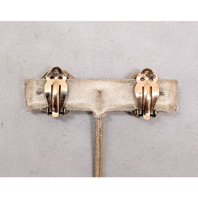 Mid-Century Modern Vintage 1960s Signed Panetta Goldtone Cabochon Faux-Coral & Clear Rhinestone Clip Earrings-2 Pieces For Sale - Image 3 of 9