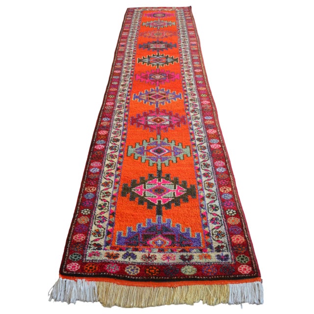 Orange Shimmery Turkish Runner Rug. Hand-Knotted Tribal Extra Long Halway Rug Kitchen Decor - 2′9 × 13′8″ For Sale - Image 8 of 16
