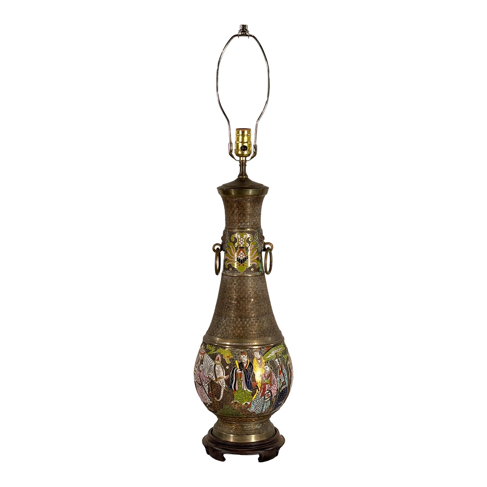 Mid 20th Century Chinese Cloisonne Brass Vase Table Lamp With Figural and White Elephant Decoration
