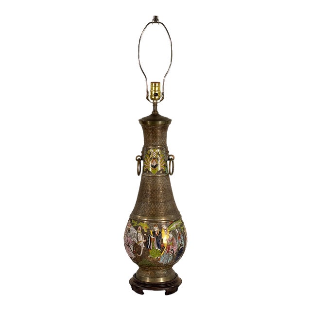 Mid 20th Century Chinese Cloisonne Brass Vase Table Lamp With Figural and White Elephant Decoration For Sale