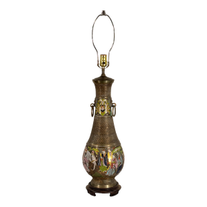 Mid 20th Century Chinese Cloisonne Brass Vase Table Lamp With Figural and White Elephant Decoration