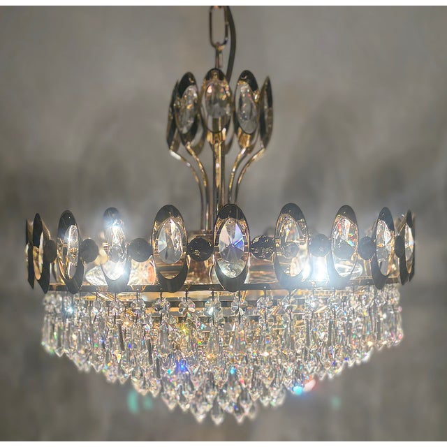 24 Karat Gold-Plated Brass and Crystal Chandelier, 1970s For Sale - Image 12 of 15