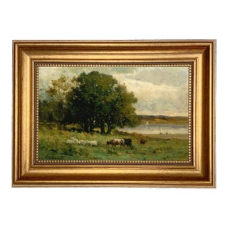 Cows in a Landscape 7x11" Framed Pastoral Oil Painting Print on Canvas For Sale