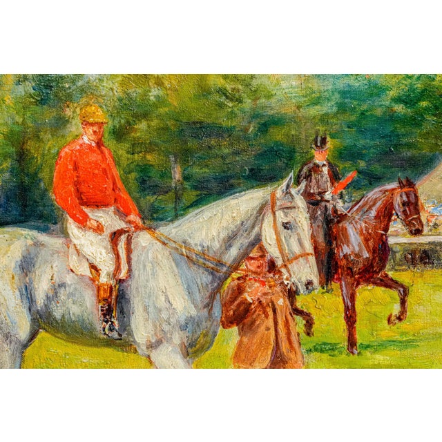 Sky Blue Captivating Colorful Antique French Horse Racing Oil Painting Equestrian Sporting Art For Sale - Image 8 of 18