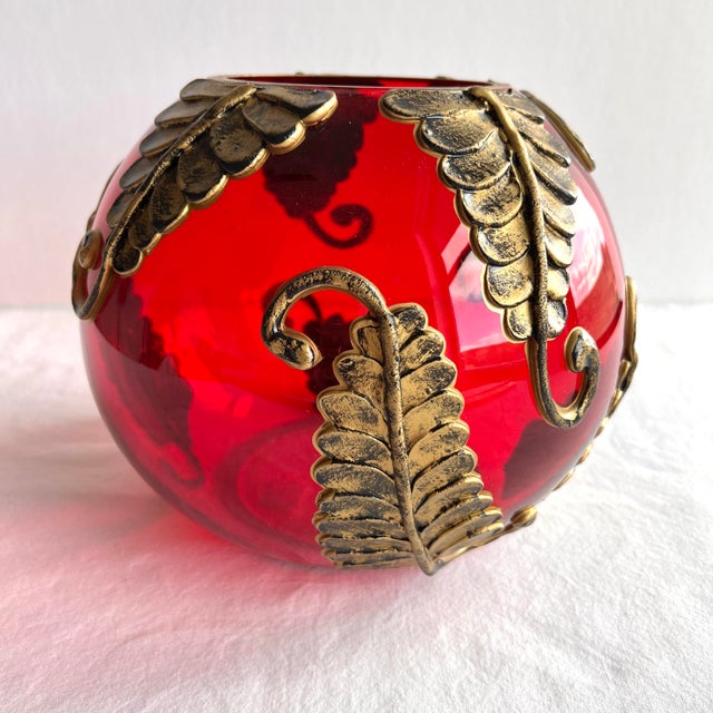 1970s Fifth Ave Crystal Ltd. Red Tealight Candle Potpourri Bowl Vase With Gold Leaves For Sale - Image 4 of 12