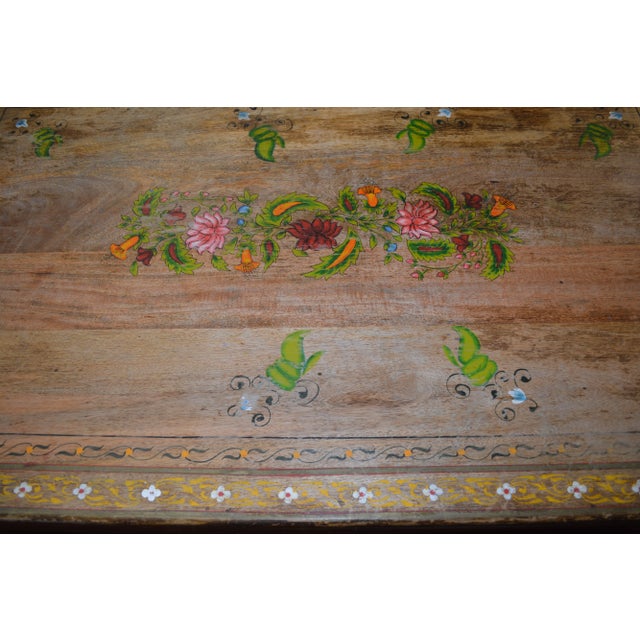 1980s Hand Painted Color Florals Large Wooden Trunk Box / Coffee Table W/Iron Rings For Sale - Image 10 of 13