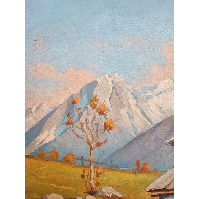 1940s E. Mariola, Payasage de montagne et chalets, 1942, Oil on Wood, Framed For Sale - Image 5 of 12