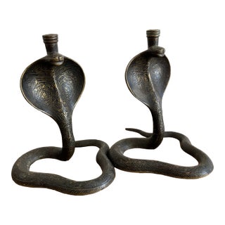 Antique Brass Cobra Candlestick Holders Decor - Pair For Sale