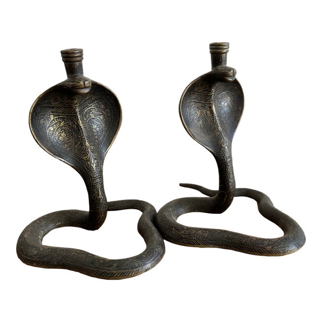 Antique Brass Cobra Candlestick Holders Decor - Pair For Sale