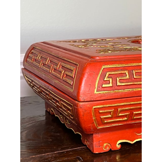 Set of Chinese Red Lacquered Wedding Presentation Boxes, Carved, Parcel Gilt, C. 1910 For Sale - Image 9 of 18