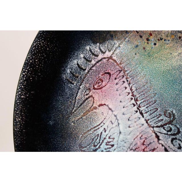 Large Vintage Enamel on Copper Sgraffito Peacock Decorative Plate by Arpad Rosti For Sale In New York - Image 6 of 13