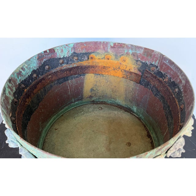 Pair Gothic Revival Verdigris Copper Planters Applied Medieval Heads, circa 1900 For Sale In Greensboro - Image 6 of 18