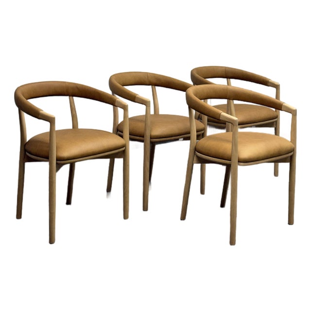West Elm Irvine Sesame Leather Dining Chairs, Set of Four For Sale