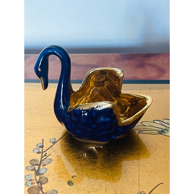 Vintage Cobalt Gold Limoges France Salt Cellar Swan Porcelain For Sale - Image 4 of 4