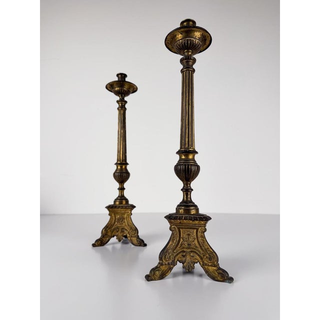 Italian Baroque Style Church Candlesticks in Gilt Bronze, Set of 2 For Sale - Image 10 of 17