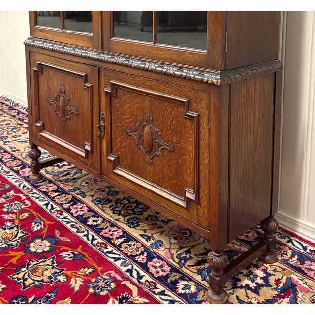 Antique English Jacobean Bookcase Bookshelf Cabinet Double Door Oak c.1930s For Sale - Image 12 of 17