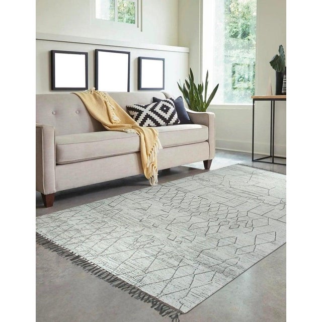 9x12 Ivory Hand-Knotted Wool Linear Diamond Grid Tribal Modern Carpet Rug For Sale In New York - Image 6 of 7