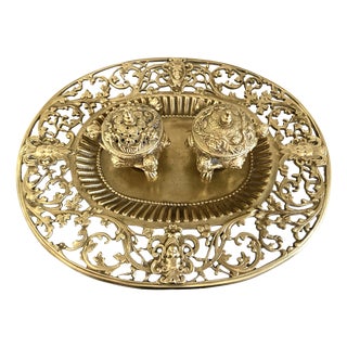 Louis XV Style Napoleon III Double Inkwell on a Chiseled Gilt Bronze Tray For Sale