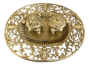Louis XV Style Napoleon III Double Inkwell on a Chiseled Gilt Bronze Tray