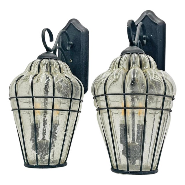 Pair Murano Style Outdoor Wall Sconces Caged Glass Lanterns, March 2001 For Sale