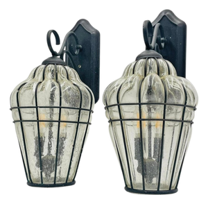 Pair Murano Style Outdoor Wall Sconces Caged Glass Lanterns, March 2001
