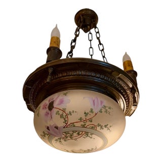 Circa 1910’s Art Glass Chandelier With Flowers and Vines on Bronzed Brass For Sale