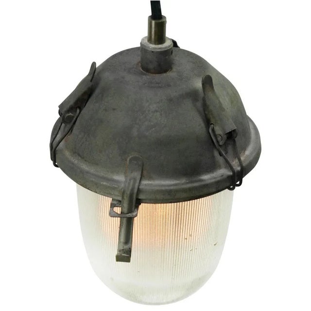 Industrial Vintage Industrial Pendant Light in Grey and Clear Striped Glass For Sale - Image 3 of 6