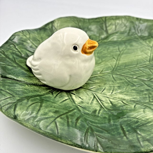 Vintage Bassano Italy Majolica Leaf Platter White Bird For Sale - Image 4 of 5