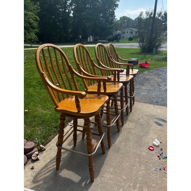 Chrome Vintage 1980s Virginia House Solid Oak Windsor Swivel Bar Stools - Set of 4 For Sale - Image 8 of 14