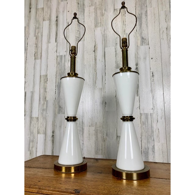 Milk Glass and Brass Hourglass Shaped Table Lamps For Sale - Image 11 of 12