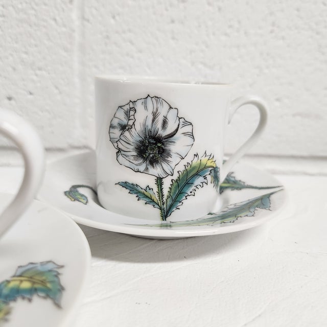 English Taste Setter Collection Botanical Poppy Demitasse Cups & Saucers — Set of 4, Garden-Inspired Floral Porcelain For Sale - Image 3 of 9