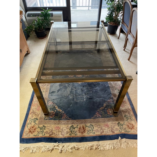 Transitional 1980s Brass and Glass Dining Table With Integrated Extension Leaf For Sale - Image 3 of 12