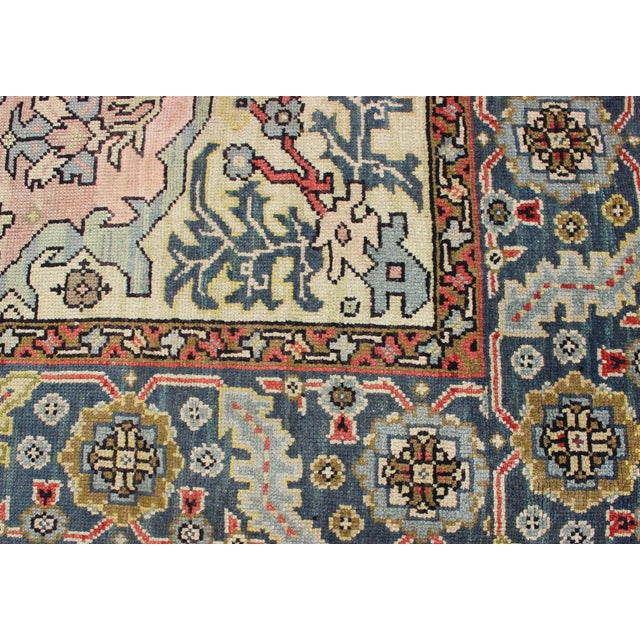 Blue 1930s Large Oushak Rug With Floral Design in Pink and Steel Blue For Sale - Image 8 of 13