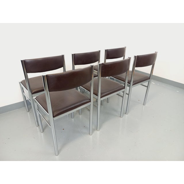 Vintage Chairs in Chromed Metal and Brown Imitation Leather, 1970s, Set of 6 For Sale - Image 14 of 18