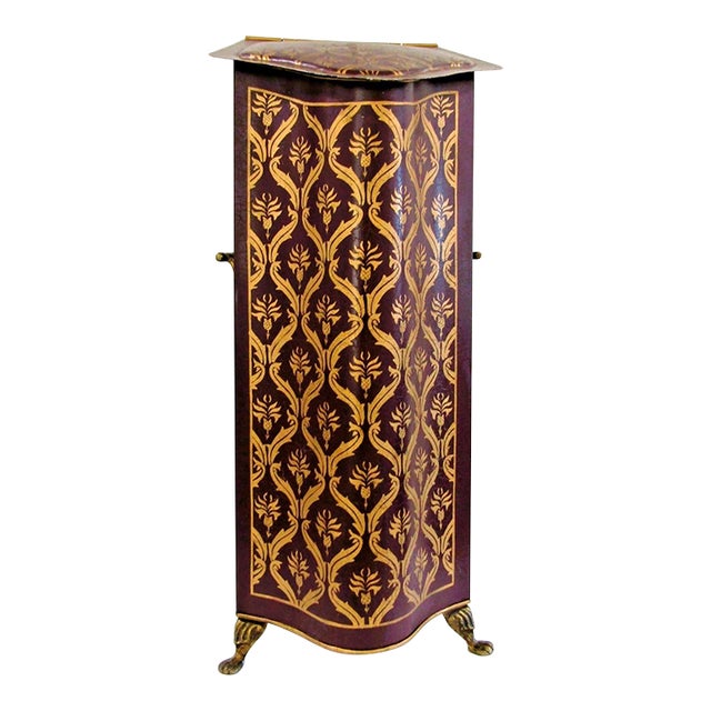 Antique Tall Decorative Tôleware Coal Scuttle Burgundy and Gold Damask Pattern For Sale