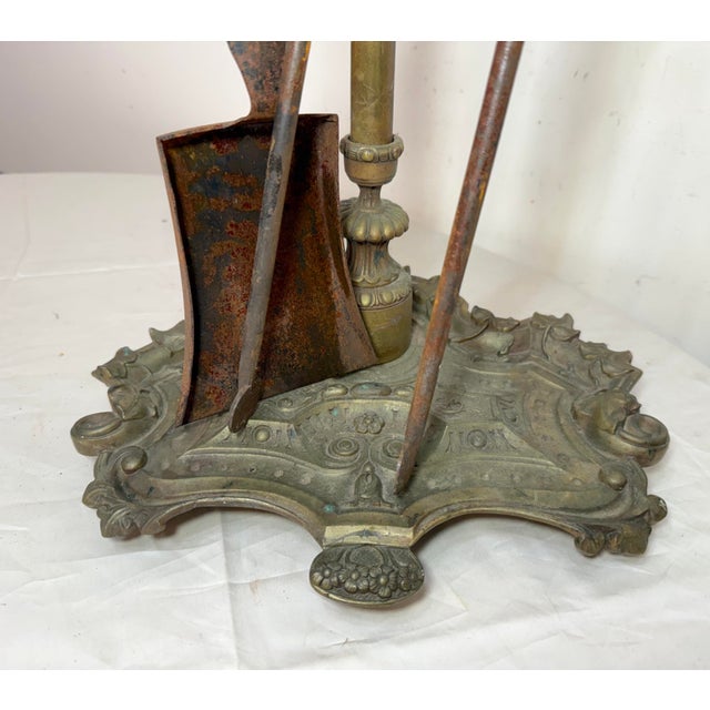 Bronze Antique Ornate 19th Century Gilt Bronze Brass Fireplace Tool Tongs Shover Set For Sale - Image 8 of 12