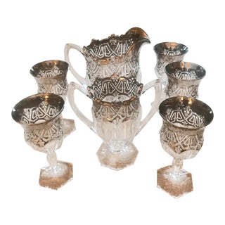 1912 Antique Us Glass Athenia Reverse 44 Pitcher, Vase & Wine Goblets - Set of 7 For Sale