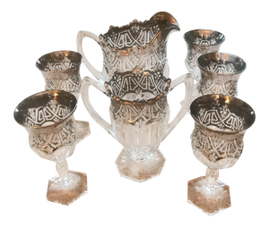 1912 Antique Us Glass Athenia Reverse 44 Pitcher, Vase & Wine Goblets - Set of 7