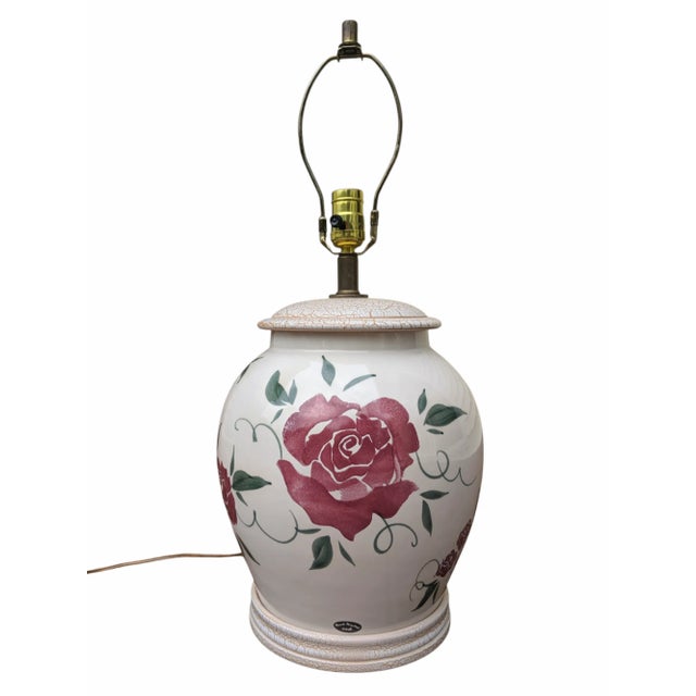 Vintage 1990s Shabby Chic English Cottage Style Ceramic Table Lamp with a Handpainted Rose Flower Design with a Crackle...