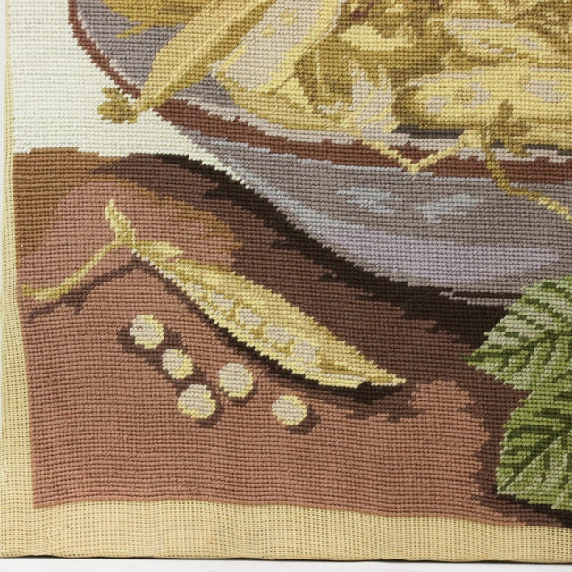 Vintage Botanical Needlepoint Textile Art – Still Life Bowl of Pease and Pink Rose Blossom For Sale - Image 4 of 8