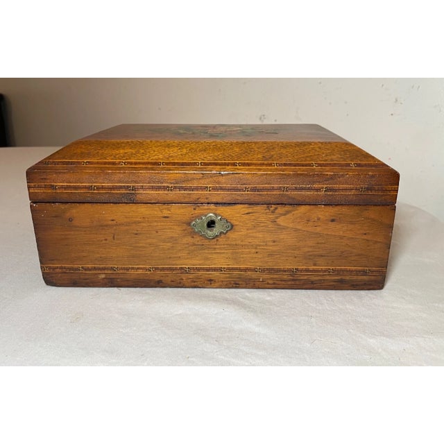 Folk Art Antique 19th Century Handmade Inlaid Marquetry Painted Wood Wooden Jewelry Box For Sale - Image 3 of 16