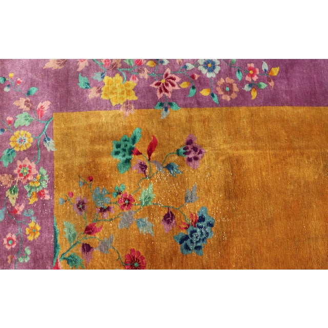 Antique Art Deco Rug in Marigold Field With Plum and Floral Accents For Sale - Image 10 of 15