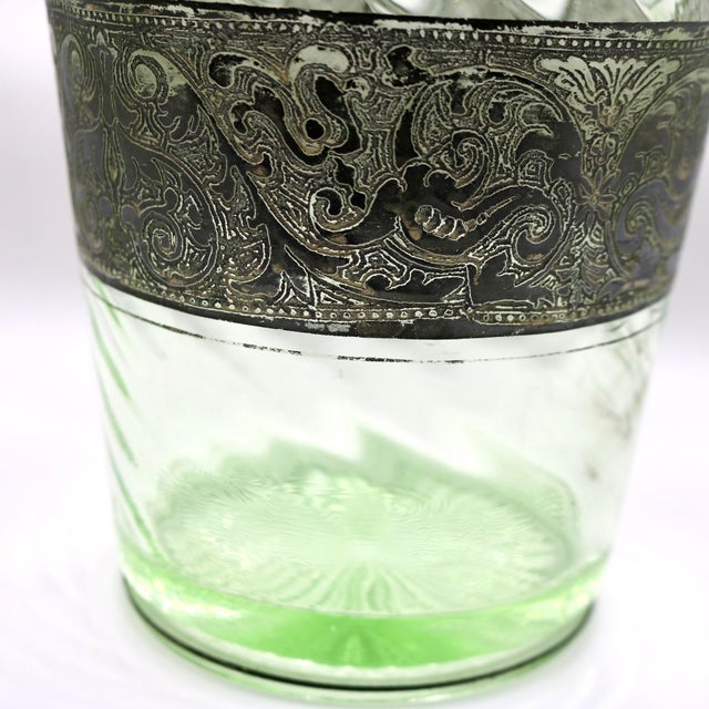 1930s Art Deco Green Uranium Glass Ice Bucket With Silver Overlay & Chrome Tongs - 2 Piece Set For Sale - Image 11 of 14