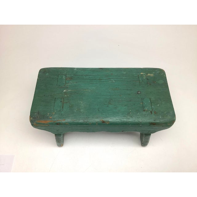 Early 1900s Antique Primitive Wood Footstool Bench in Great Old Green Paint For Sale - Image 4 of 6