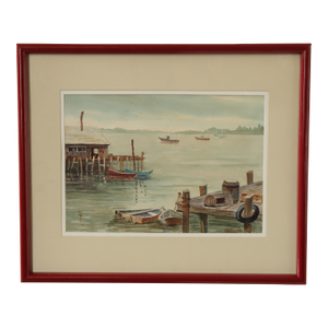 Bertha Ann Stupak Watercolor Painting, Boats in Harbor
