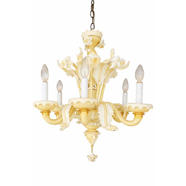 Art Nouveau Vintage Murano Glass Chandelier – Hand-Blown Italian Art Glass, Ivory & Gold For Sale - Image 3 of 4