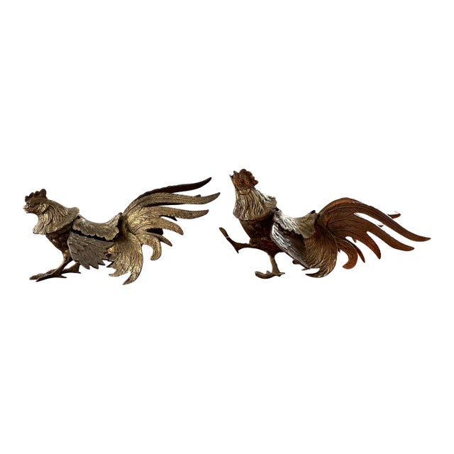 Mid 20th Century Brass Fighting Roosters- a Pair For Sale