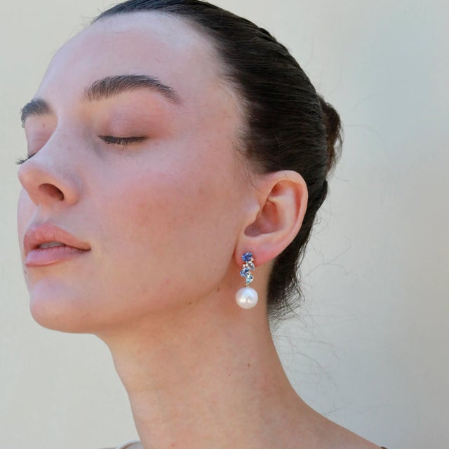 Nina Zhou Nosa Sapphire, Aquamarine and Diamond Pearl Drop Earrings in 14k Yellow Gold- 2 Pieces For Sale In Los Angeles - Image 6 of 10