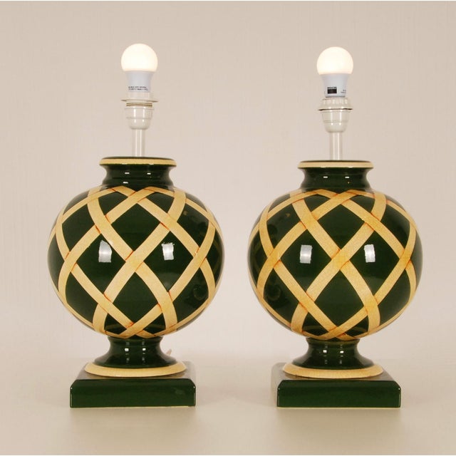 Ceramic Vintage French Table Lamps Country Style Table Lamps Green Cream English - A Pair For Sale - Image 7 of 12